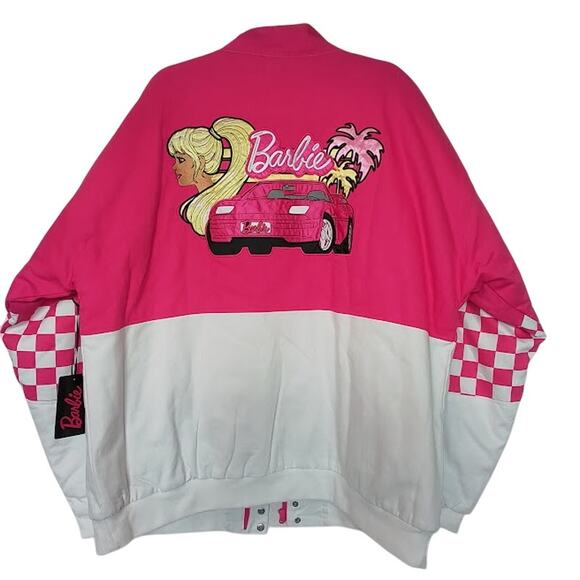 Barbie BoxLunch Racing Jacket Pink Checkered 2X 2023 Mattel NWT - Picture 5 of 9
